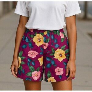 Vintage Liz Wear Womens L Bermuda Shorts Purple Floral Hawaiian Pockets Cotton